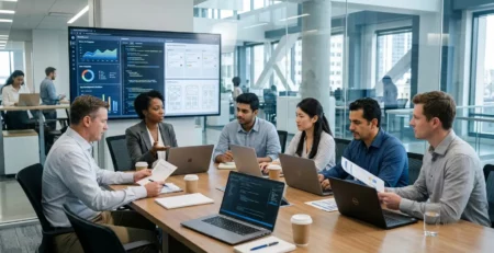 U.S. business team collaborating with an external software development team on a digital product