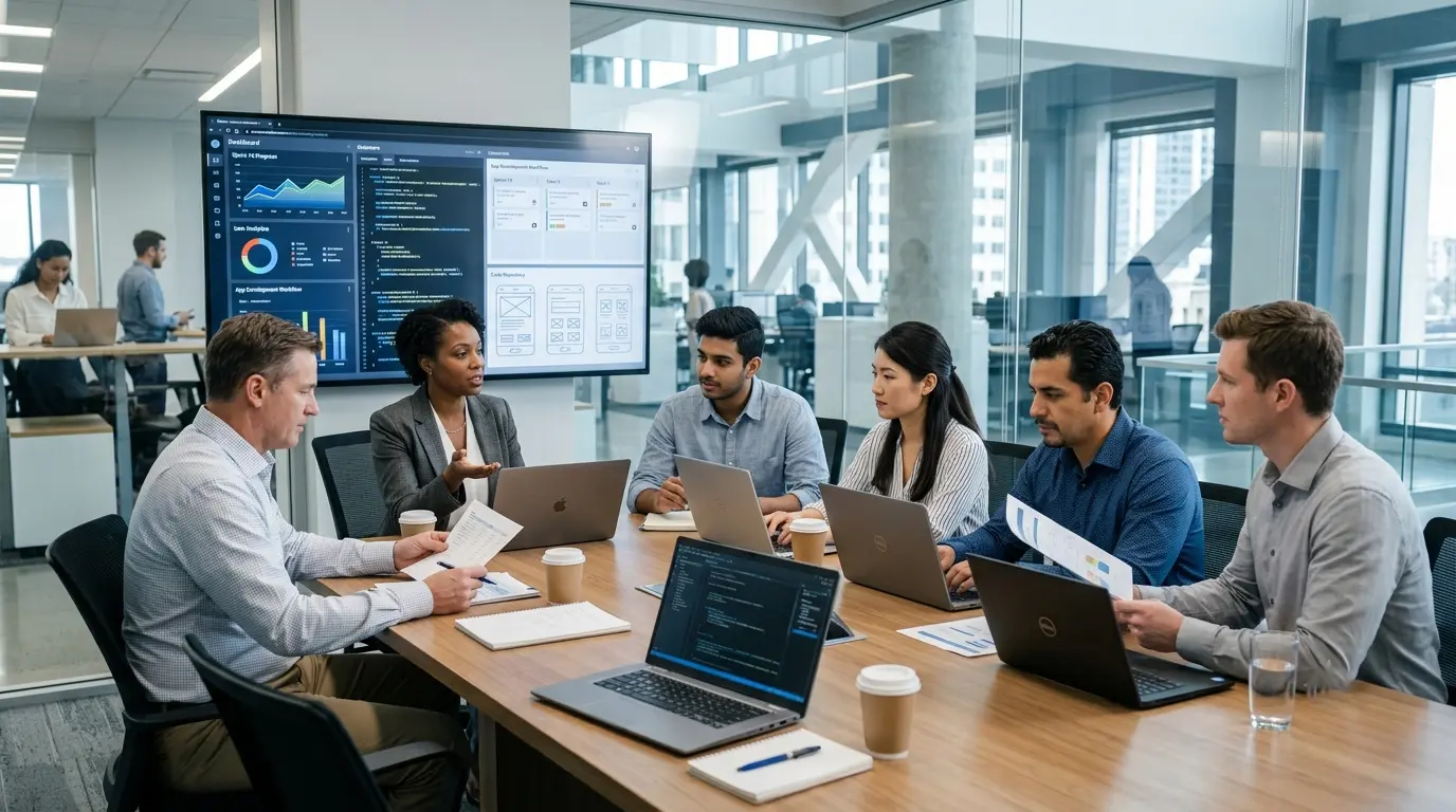 U.S. business team collaborating with an external software development team on a digital product