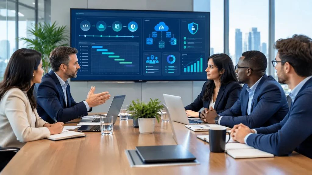 Business executives and software professionals discussing a technology outsourcing partnership in a modern office