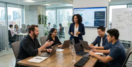 Diverse software development team collaborating on application plans around a wooden desk in a modern tech office.